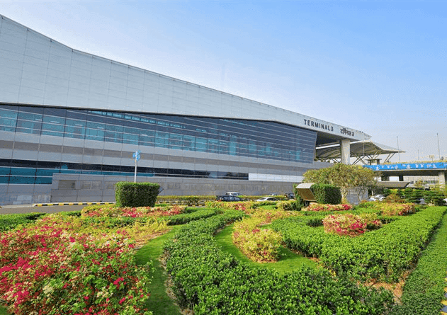 Terminal 3 building with landscaped garden in front