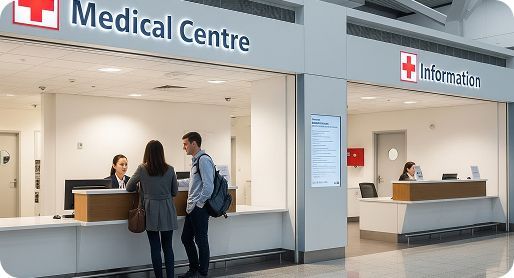 People receiving help at a medical centre and information desk.