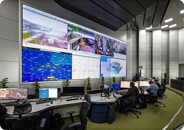 Airport operations center with large monitoring screens
