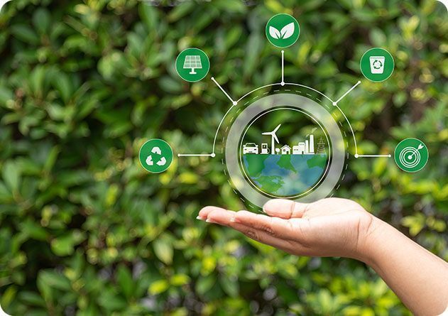 Hand holding sustainability icons with airport symbol